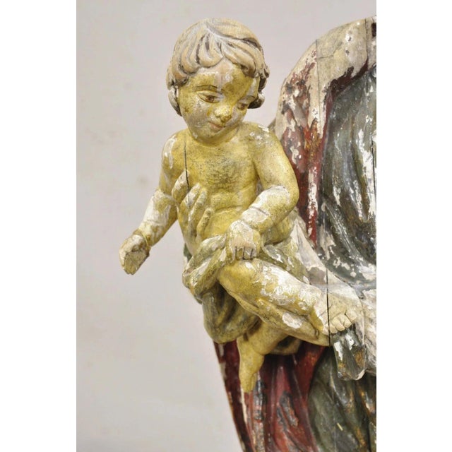 Antique Spanish Latin Polychromed Carved Wood Figure Madonna and Child Statue For Sale - Image 4 of 10