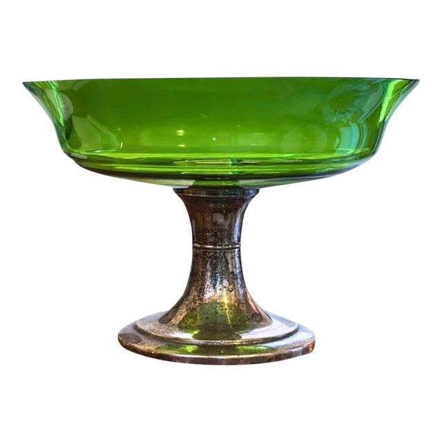 1940s Alvin Sterling Silver & Green Crystal Compote For Sale