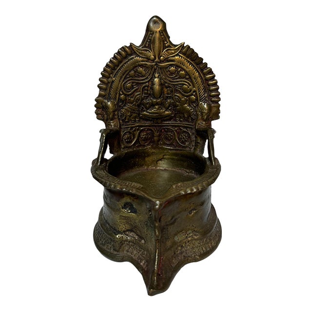 1990s Brass Oil Lamp With Embossed "Laxmi" Deity of Wealth & Prosperity For Sale