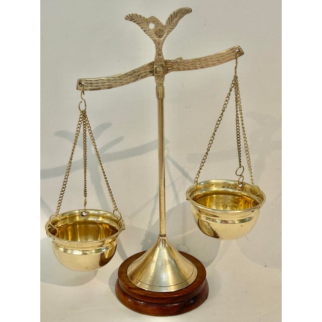 Vintage Petite Brass Balance Scale on Mahogany Base For Sale - Image 4 of 9
