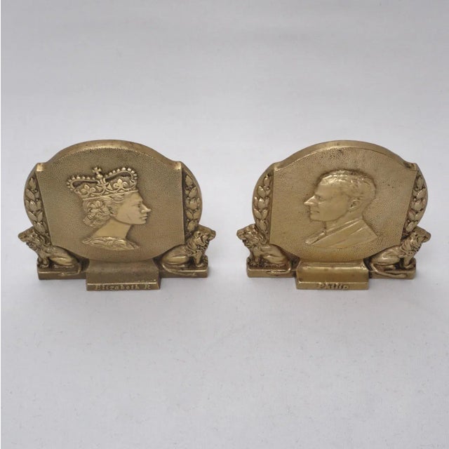 1953 English Vintage Coronation Queen Elizabeth II & Prince Philip Commemorative Bookends, Gilt Bronze - a Pair For Sale - Image 11 of 12
