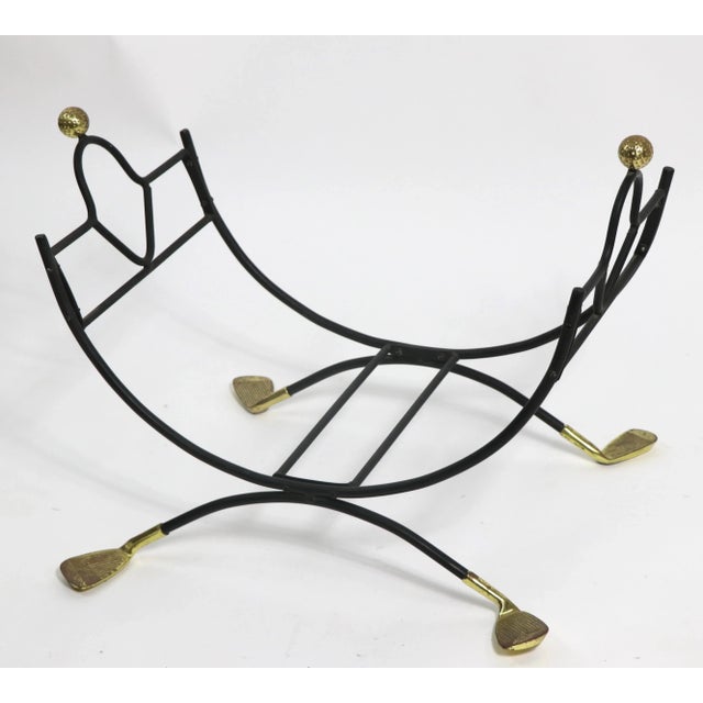 Mid Century golf theme fireplace set, to include a five piece tool set, and a log basket. The set is in good original...