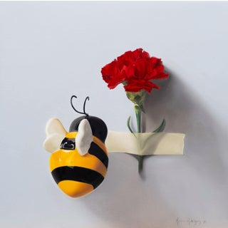 The Dance by Karina Rodríguez | Oil on wood panel Bee and red carnation against a light background For Sale