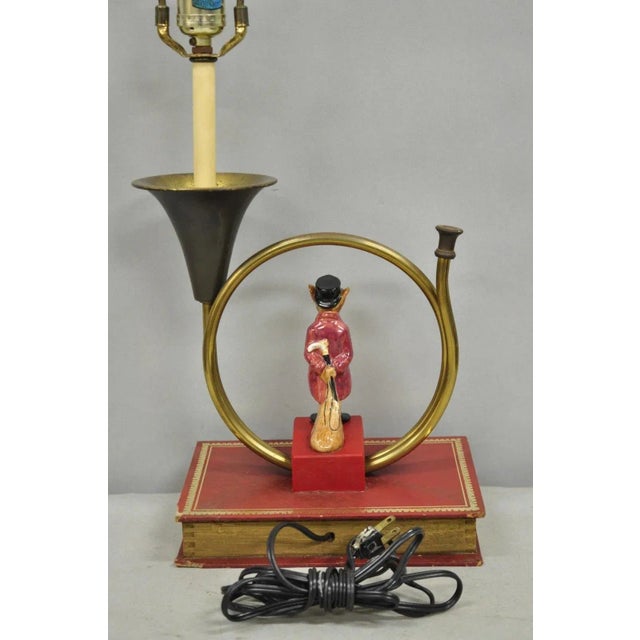 Vintage Equestrian Porcelain Snooty Mr Fox Brass Trumpet on Red Book Table Lamp For Sale - Image 10 of 14