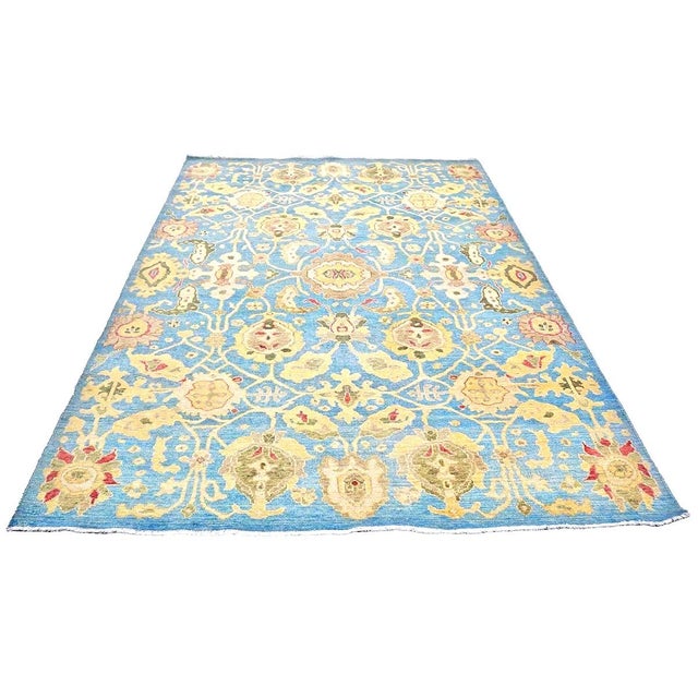 Afghan Sultanabad Wool 6x9 Light Blue & Tan Handmade Area Rug #1144039 For Sale - Image 4 of 6
