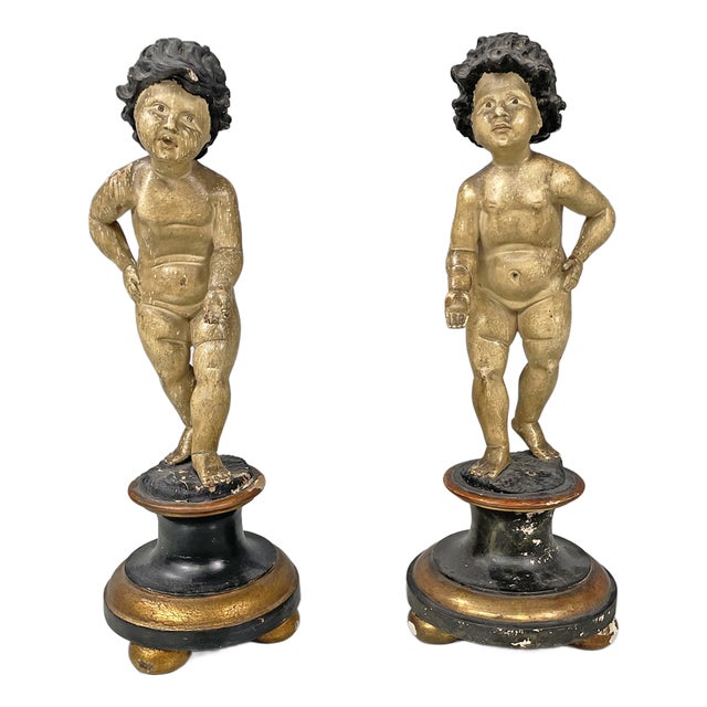 Antique Italian Wooden Cherub Sculptures, 1890s, Set of 2 For Sale