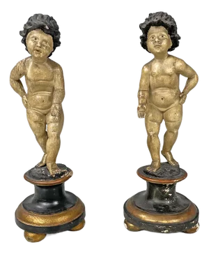 Antique Italian Wooden Cherub Sculptures, 1890s, Set of 2