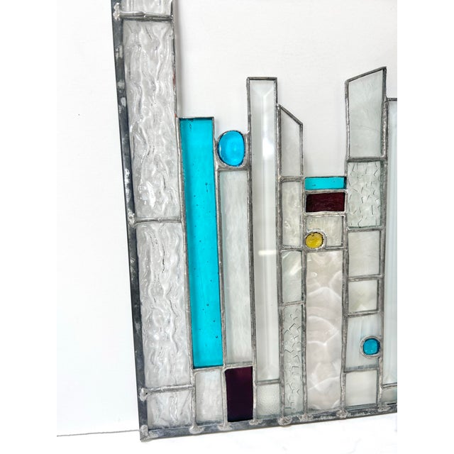 Vintage Geometric Stained Glass Panel – Art Deco, Abstract Modern Window Hanging, Teal Glass Wall Decor For Sale - Image 4 of 10