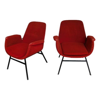 Mid-Century Red Fabric Armchairs in style of Alvin Lustig, 1970s, Set of 2 For Sale