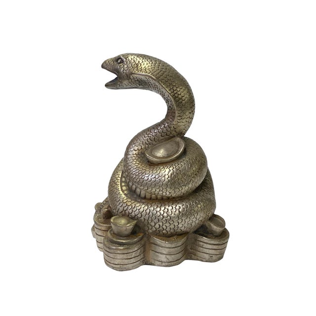 2010s Chinese Oriental Silver Pewter Color Metal Fengshui Snake Ingot Figure For Sale - Image 5 of 6