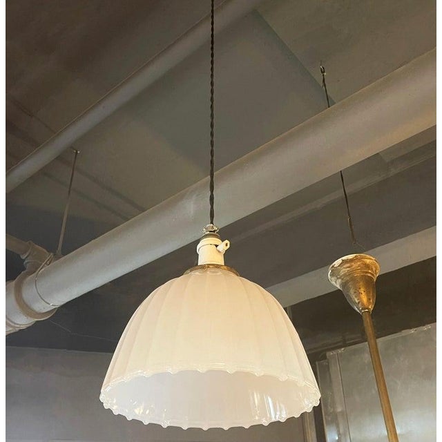 Art Deco Antique Early 20th Century Scalloped Milk Glass Dome Pendant Light For Sale - Image 3 of 7