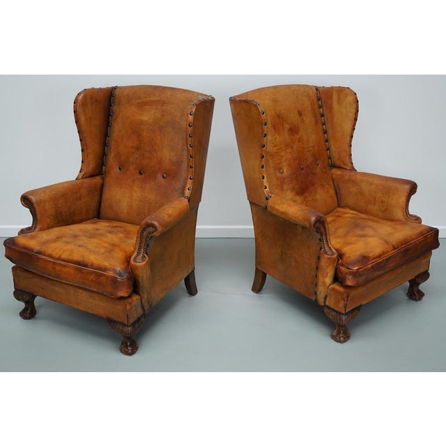 Dutch Cognac Leather Wingback Club Chairs, Set of 2 For Sale - Image 13 of 18