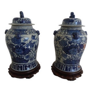 Chinese 19th Century Blue & White Temple Jars With Stands- Set of 2 For Sale