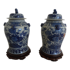 Chinese 19th Century Blue & White Temple Jars With Stands- Set of 2