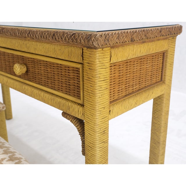 Heywood-Wakefield Mid Century Modern Wicker Glass Top Consoel Table w/ Pair of Matching Benches For Sale - Image 4 of 18