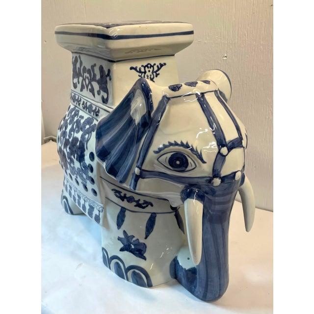Vintage Blue and White Ceramic Elephant Garden Plant Stand For Sale - Image 4 of 8