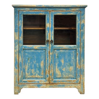 Shabby Chic Turquoise Blue Half-Glass Doors Medium Size Cabinet For Sale
