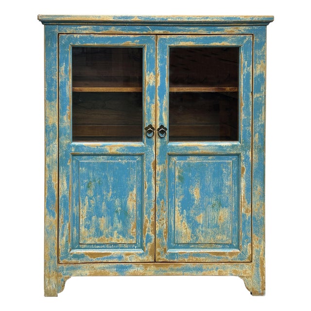 Shabby Chic Turquoise Blue Half-Glass Doors Medium Size Cabinet For Sale