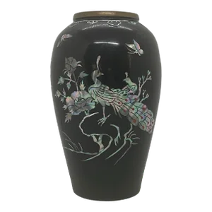 1970’s Peacock Design Black Vase Mother of Pearl Abalone Mosaic Enamel Over Brass