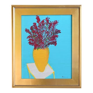 Juan Guzman (1948-2022) Bouquet Red Flowers in Yellow Vase Painting W/ Gold Leaf Frame For Sale