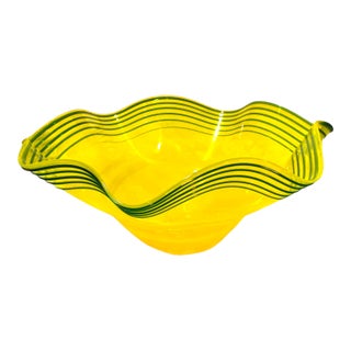 Blenko Centerpiece Bowl Large 16" Art Glass Yellow Green Threaded Large Signed Walter Blenko For Sale