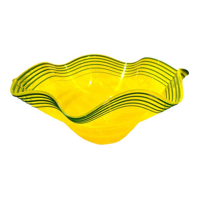 Blenko Centerpiece Bowl Large 16" Art Glass Yellow Green Threaded Large Signed Walter Blenko For Sale