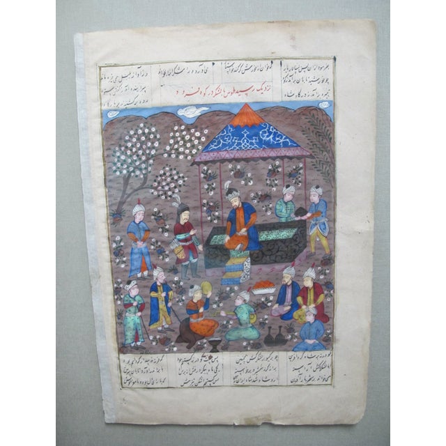 Beautiful antique Persian illuminated manuscript page with script and a finely detailed painting in bright colors of Timur...