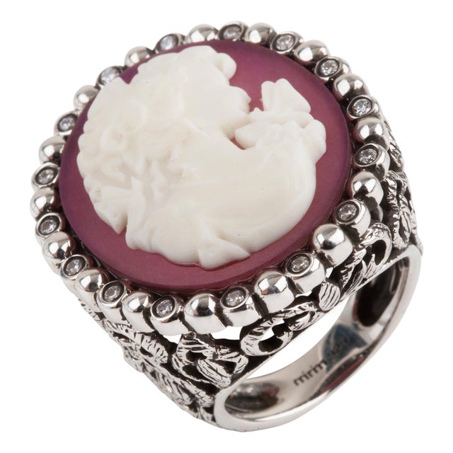 Miriam Salat Cameo Sterling Silver Ring with White Topaz and Resin For Sale