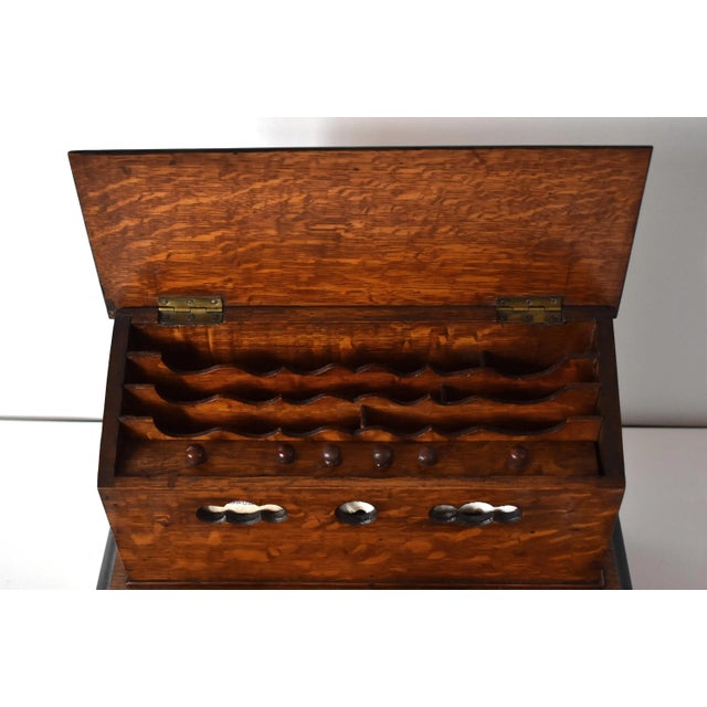 Late 19th Century Victorian Tiger Oak Letterbox and Inkstand With Perpetual Calendar For Sale - Image 5 of 13