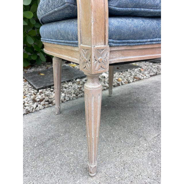 Textile French Provincial Cerused Carved Open Back Armchairs – Pair For Sale - Image 7 of 15