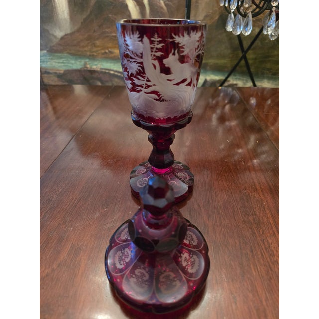 Ruby Red Antique Moser Bohemian Glass Ruby Hunter Pokal Goblet For Sale - Image 8 of 13