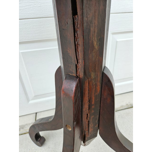 Brown Primitive Round Wooden Pedestal Pub Table For Sale - Image 8 of 18