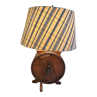Custom Lamp Antique Butter Churn With Custom Silk Plaid Shade For Sale