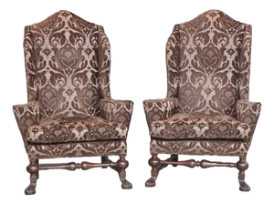 Late 20th Century Pair of Baker Stately Homes Large Wing Arm Chairs in the Jacobean Style Damask