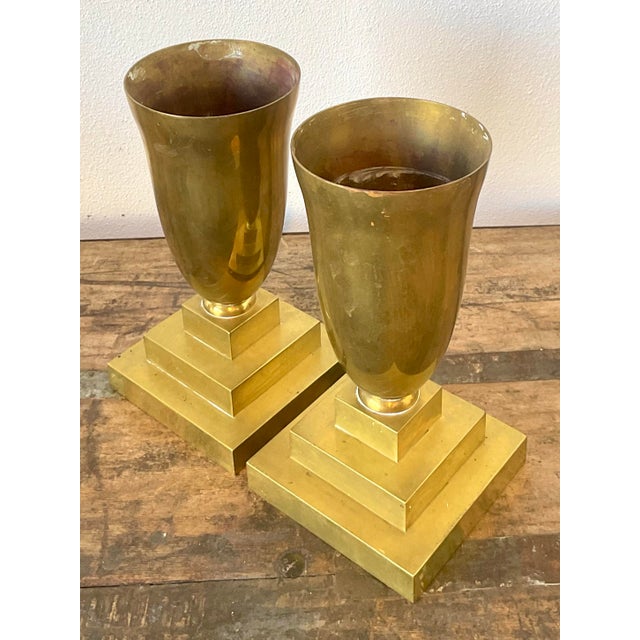 Late 20th Century Vintage Brass Pedestal Urns - A Pair For Sale - Image 5 of 12
