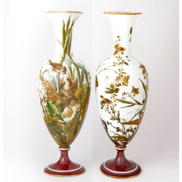 Exquisite Pair of 19th Century French Hand-Painted Opaline Glass Decorative Vase For Sale - Image 10 of 10