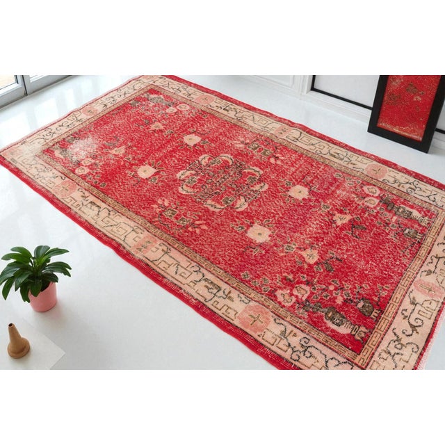 Turkish Red Antique Oushak Wool Carpet For Sale - Image 3 of 10