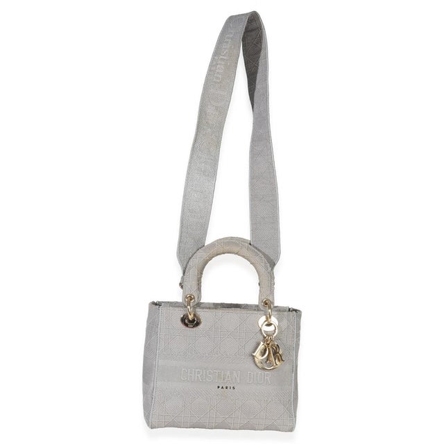 Gray Gray Canvas Cannage Embroidered Medium Lady D-Lite Bag For Sale - Image 8 of 9