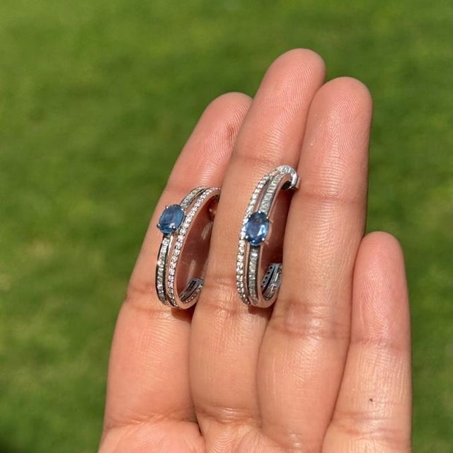 Contemporary 14k Gold 1.23ct Oval Cut Blue Sapphire & Diamond C- Hoop Earrings- A Pair For Sale - Image 3 of 14