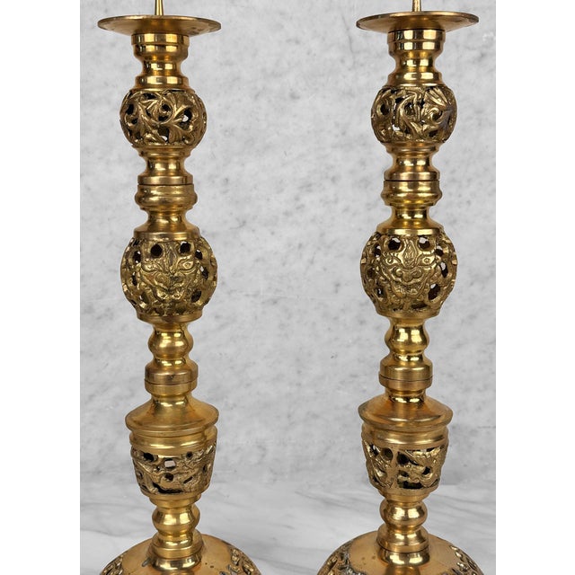 Vintage 15" Chinese Brass Dragon Motif Mantle Candlestick Holders - A Pair For Sale - Image 6 of 9