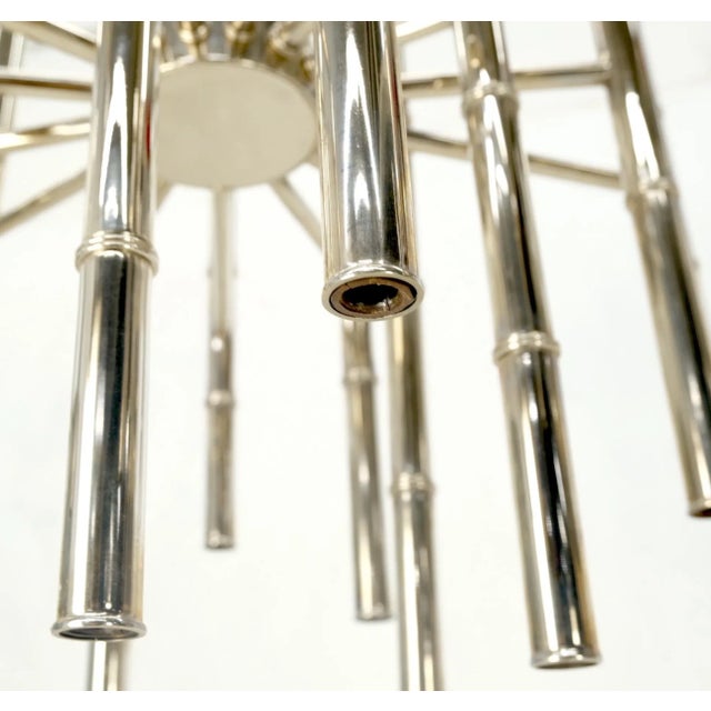 Pair of Large Faux Bamboo Chrome Pewter Chandeliers Light Fixtures For Sale - Image 12 of 13