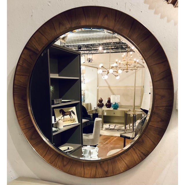 Original retail $3145, stylish Jonathan Charles Modern Mahogany Finished Round Hamilton Wall Mirror, antique gold metal...