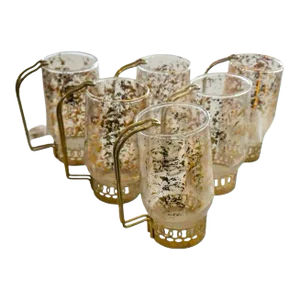 Vintage Mid Century Modern Gold Fleck Glasses With Handles- Set of 6