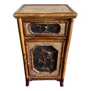 1920s Petite Cabinet One Door Bamboo & Seagrass Iron Bird Detail For Sale
