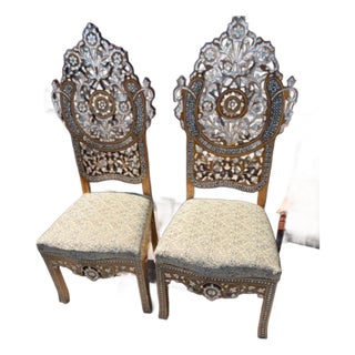 Early 20th Century Pair of Hall Chairs Wood Bone & Mother of Pearl Moroccan For Sale