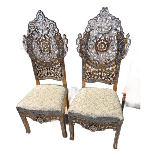 Early 20th Century Pair of Hall Chairs Wood Bone & Mother of Pearl Moroccan For Sale