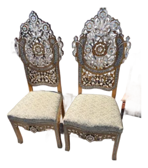 Early 20th Century Pair of Hall Chairs Wood Bone & Mother of Pearl Moroccan