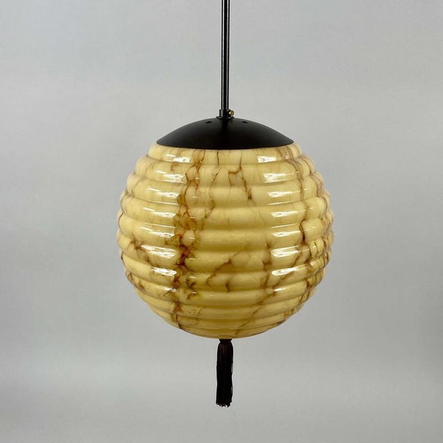Opaline Glass and Burnished Brass Beehive Ball Pendant, Germany, 1930s For Sale - Image 18 of 18