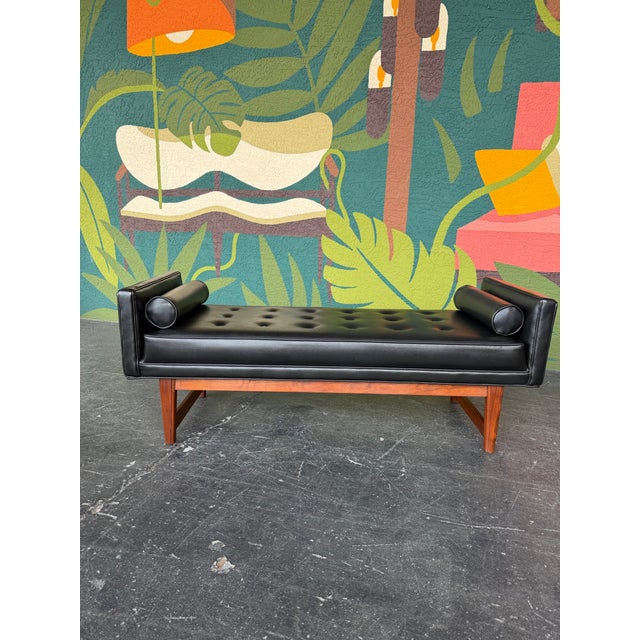 1960s 1960s Mid Century Selig Attributed Walnut and Faux Leather Tufted Bench For Sale - Image 5 of 11