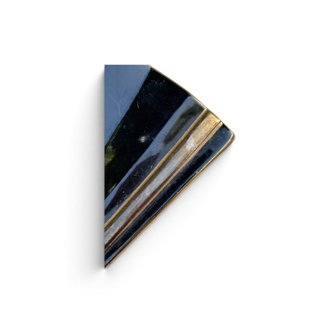 Japanese Black Porcelain Fan-Shaped Decorative Tray With Metallic Trim For Sale - Image 4 of 5